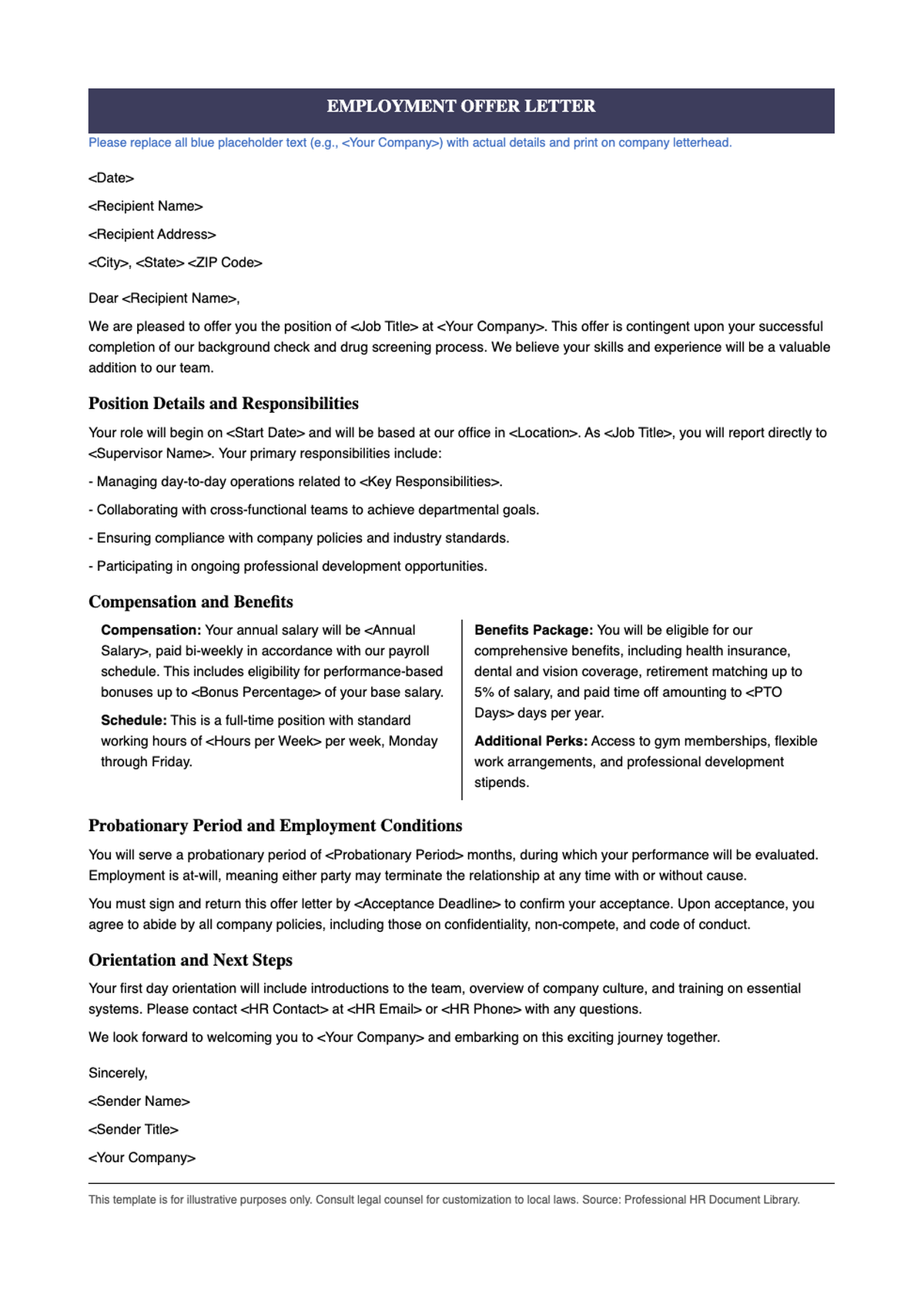 Customizable job offer letter template with placeholder fields and probationary terms_variant_1